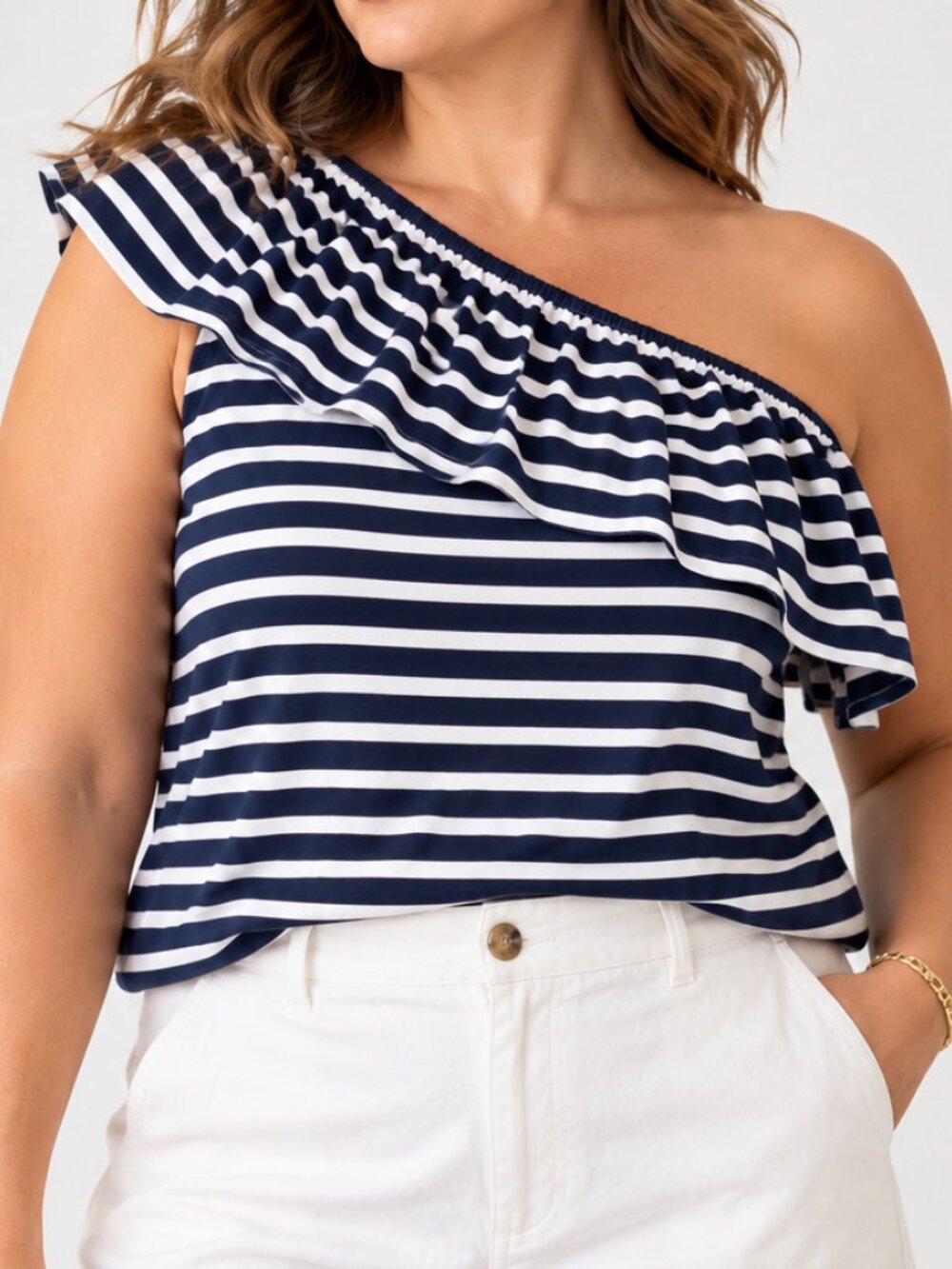 J. Crew Ruffled One Shoulder Striped Top